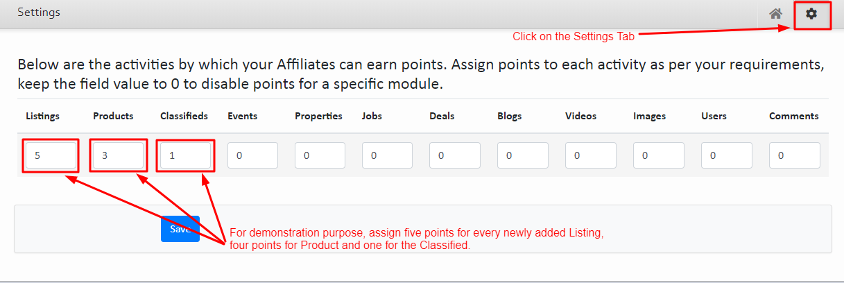 Settings Affiliate Points