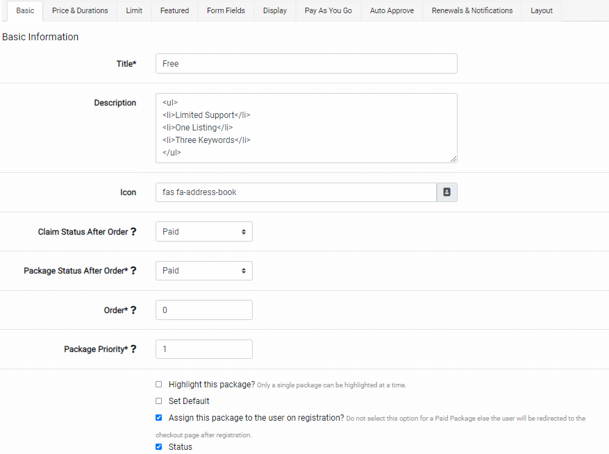 Packages Basic Settings