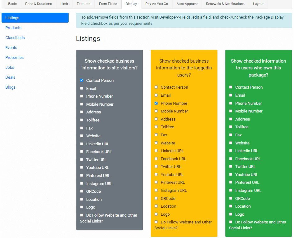 Packages Display Options