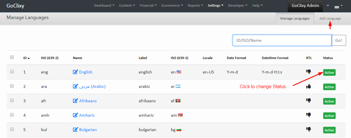 Settings Languages